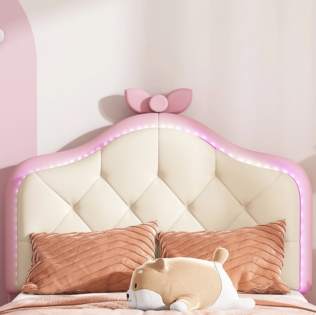 Letto singolo imbottito 90x200 cm rosa e bianco con LED multicolore