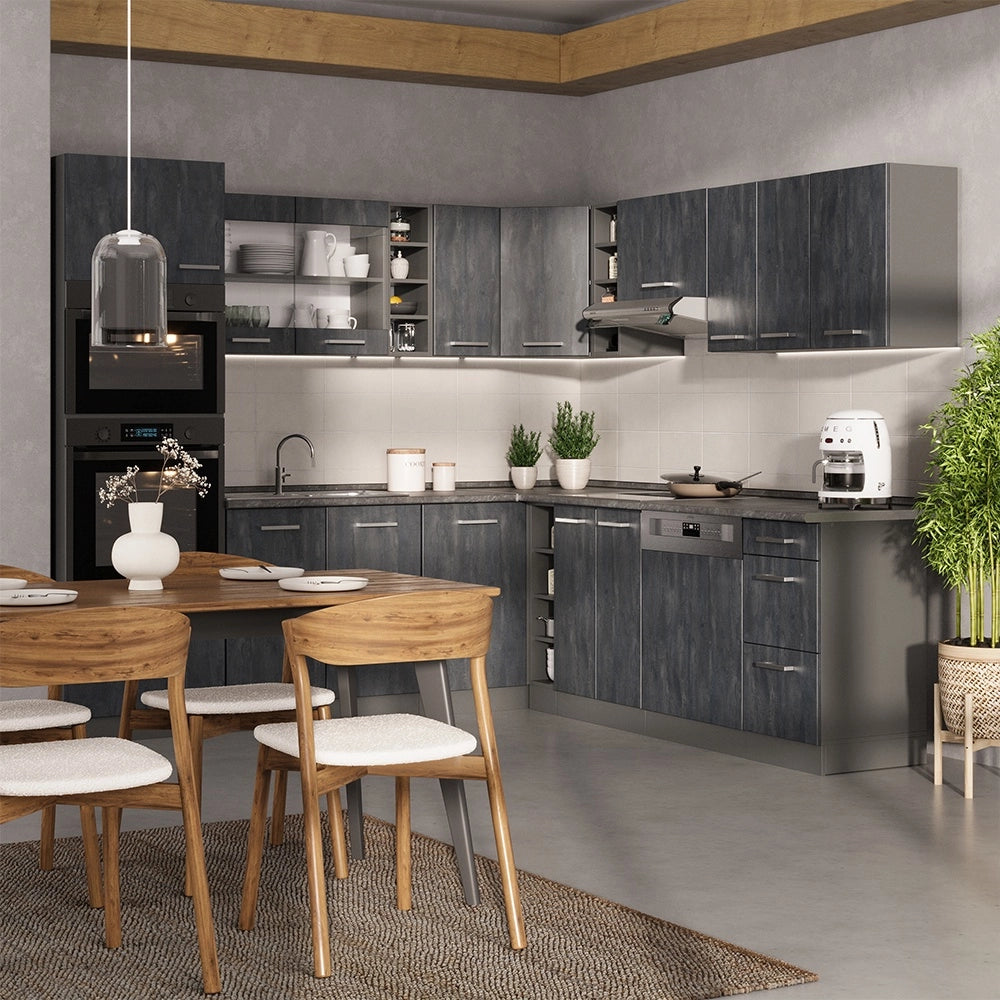 Cucina angolare completa R-Line Calce nera/Antracite 247 x 237 cm PT Rovere Vicco