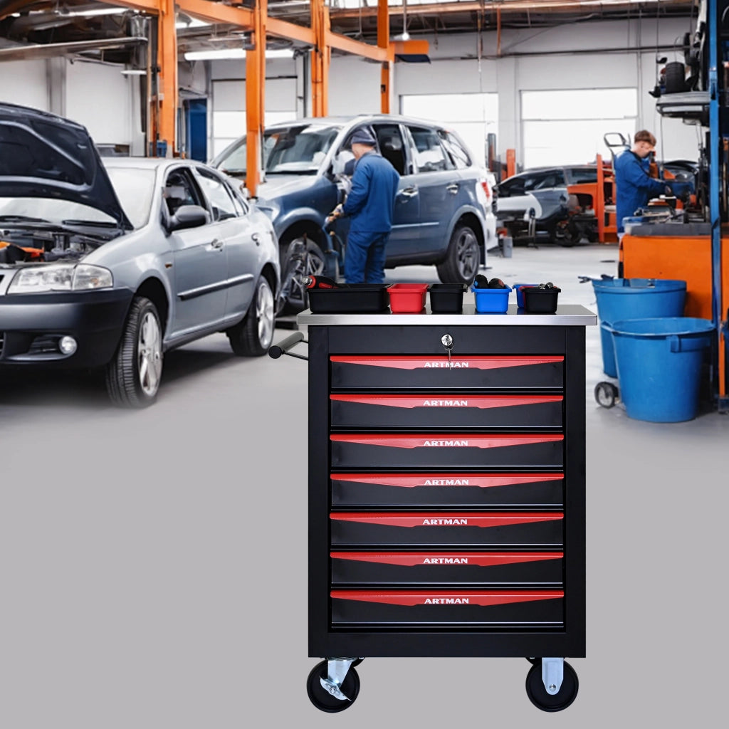 Carrello portautensili con 7 cassetti chiudibile a chiave in acciaio con ruote nero e rosso 62.5 × 34.5 × 78 cm