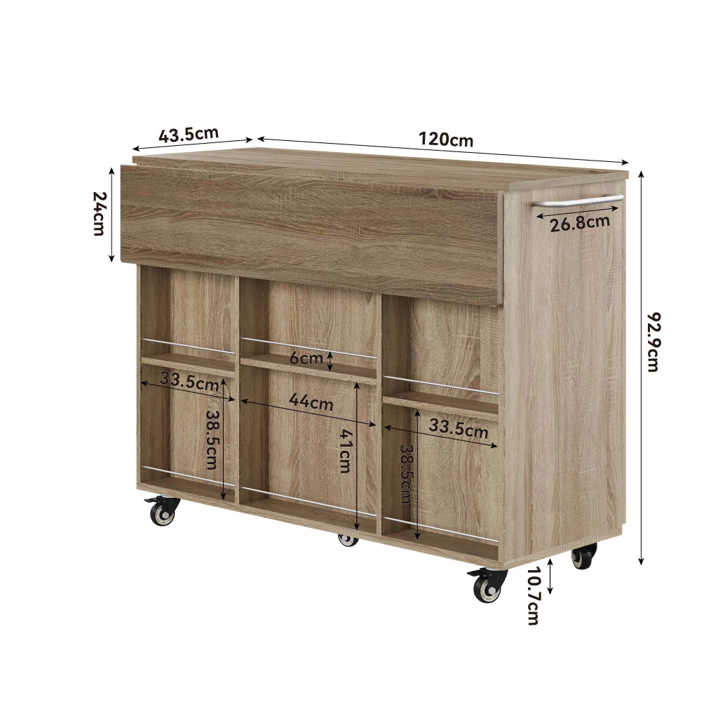 Carrello da cucina con piano pieghevole estensibile da 67.5 a 120 cm; cassetto; ruote frenate in MDF naturale