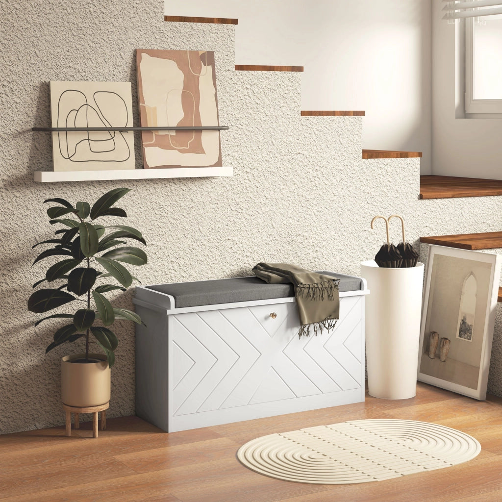 Panca Scarpiera Salvaspazio con Cuscino e Cassetto Ribaltabile per 8 Paia di Scarpe, 80x26x44.5 cm, Bianco