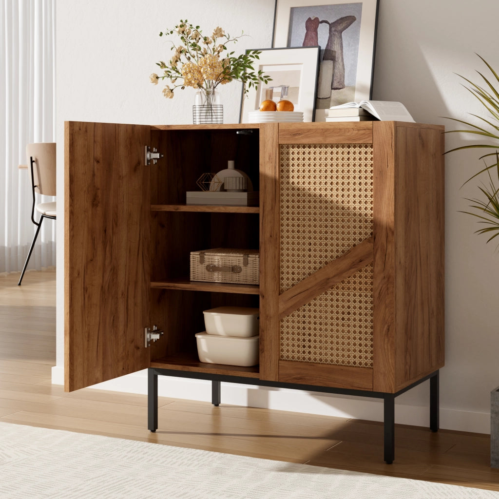 Credenza 70 cm 2 ante con 2 ripiani regolabili in truciolare e rattan PE per soggiorno e ingresso colore naturale
