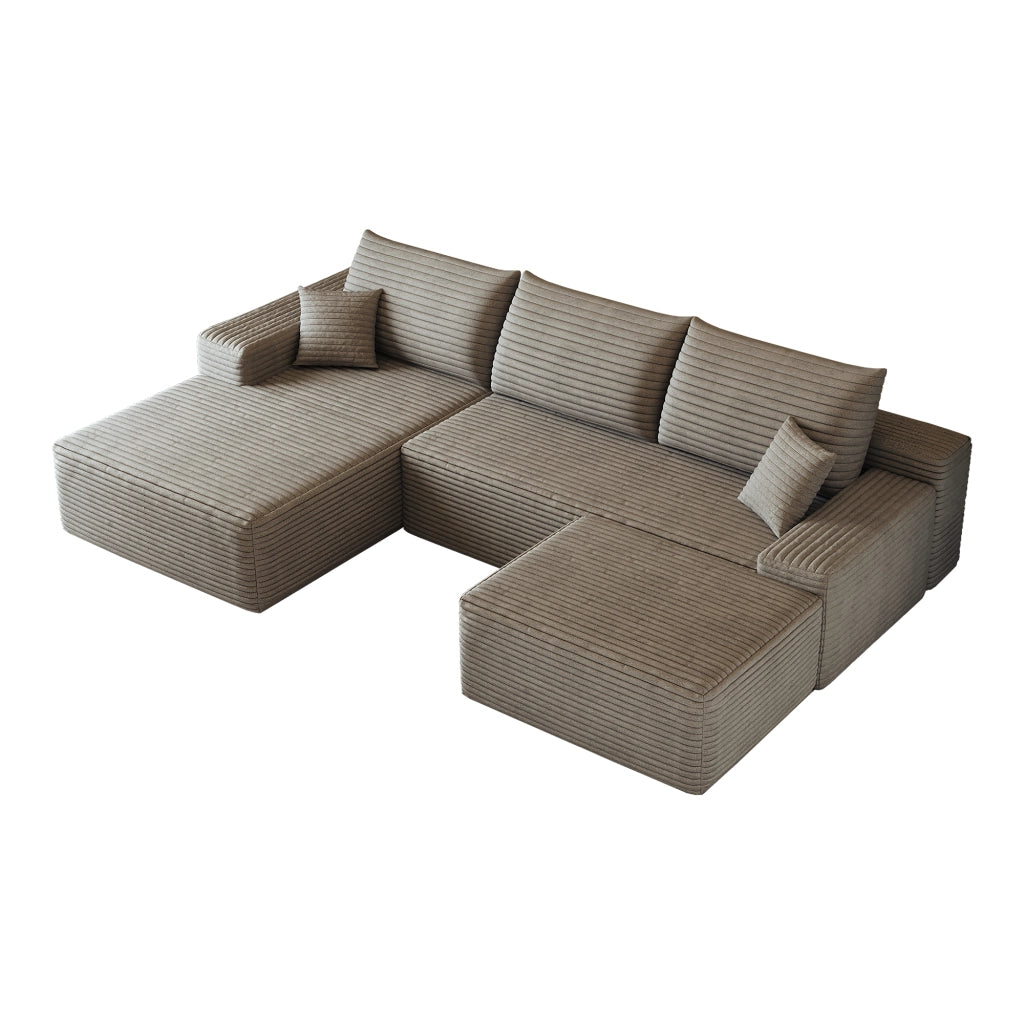 Divano angolare modulare con chaise longue e seduta profonda, imbottito in tessuto a coste color cammello
