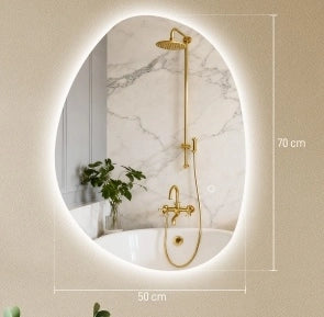 Specchio da bagno asimmetrico 70x50 cm con illuminazione LED e funzione antiappannamento, argento