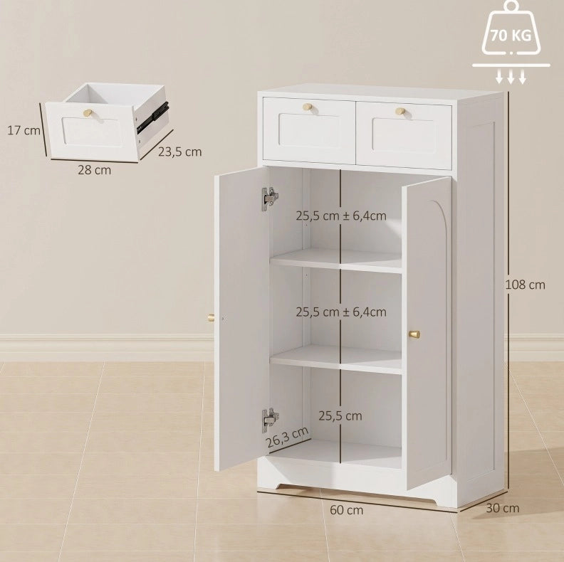 Mobile da bagno bianco con 2 cassetti e ripiano regolabile, 60x30x108 cm