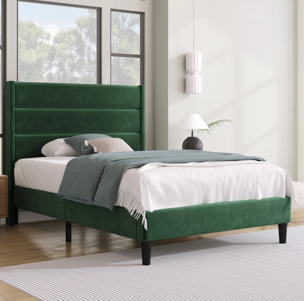 Letto singolo 90x200 in velluto verde scuro con testiera e materasso