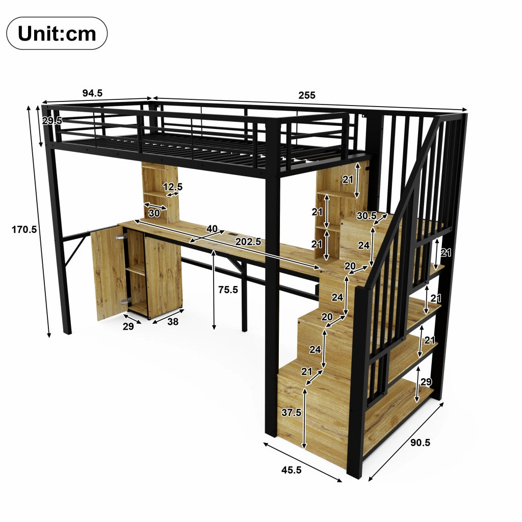 Letto a soppalco 90 × 200 cm in metallo e MDF nero con scrivania armadio scala contenitore e USB