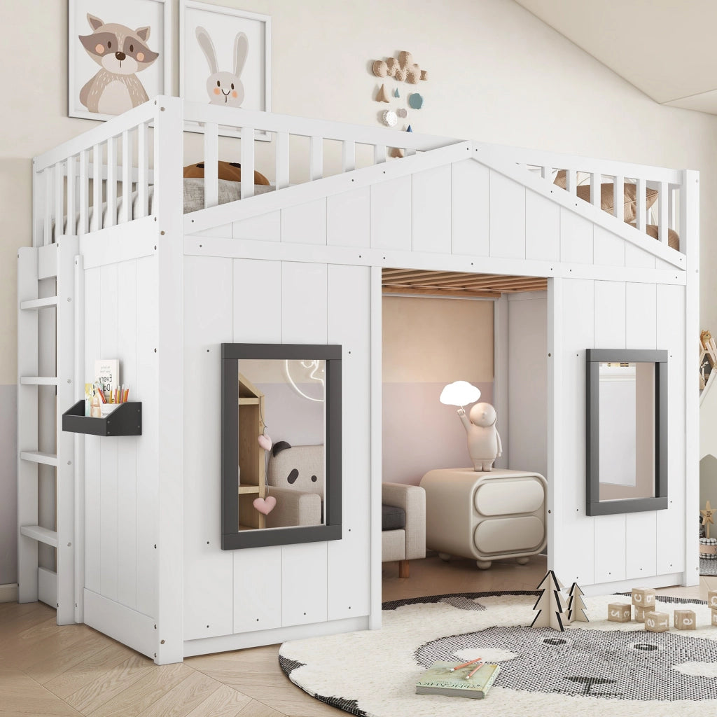 Letto a soppalco per bambini 90 × 200 cm con scala, barriera e mensola, senza materasso, bianco e grigio