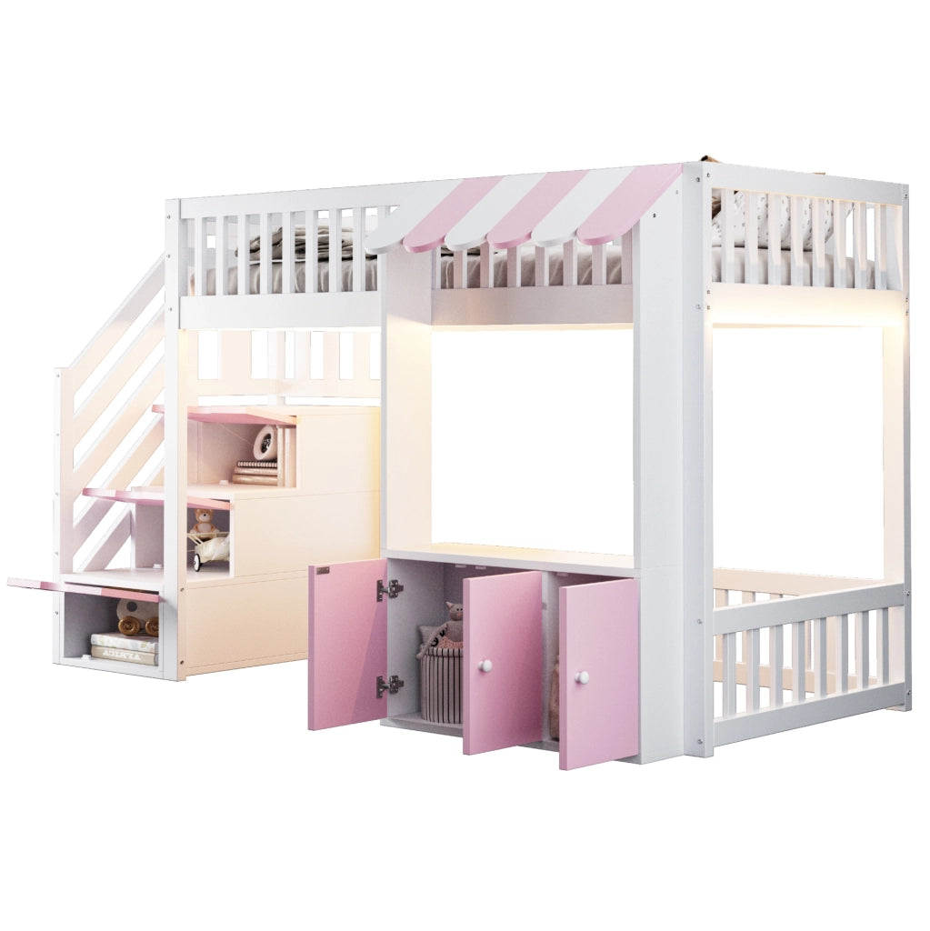 Letto a soppalco singolo 90x200 cm con scala contenitore e luce LED; rosa e bianco