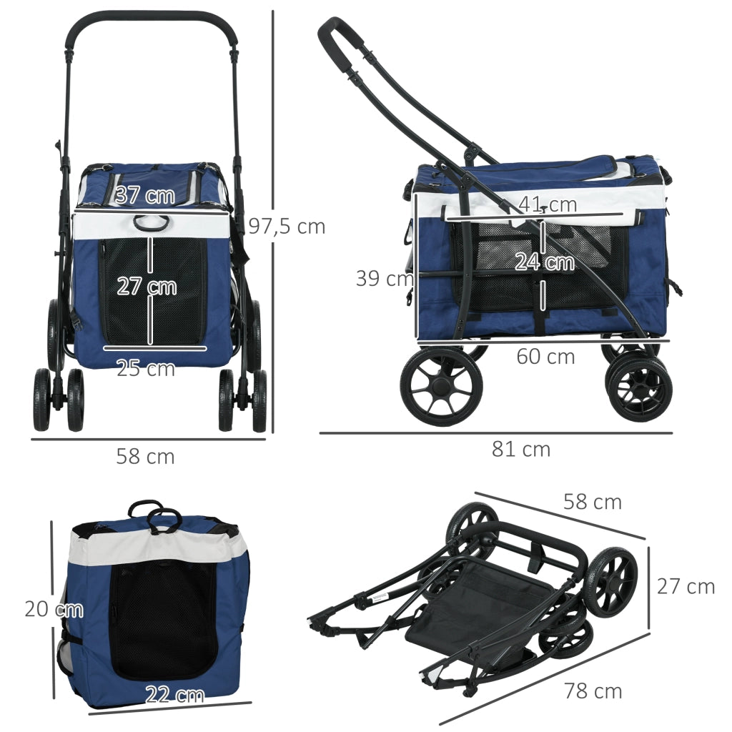 Passeggino 2 in 1 per animali con trasportino removibile; pieghevole; blu; per cani piccoli fino a 10 kg