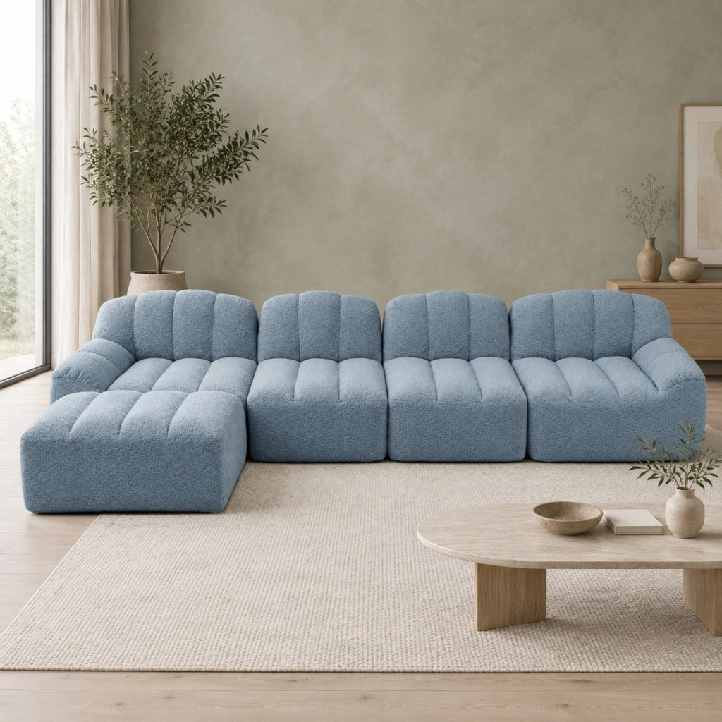 Divano modulare 366x165x79 cm in tessuto blu con pouf, 4 posti