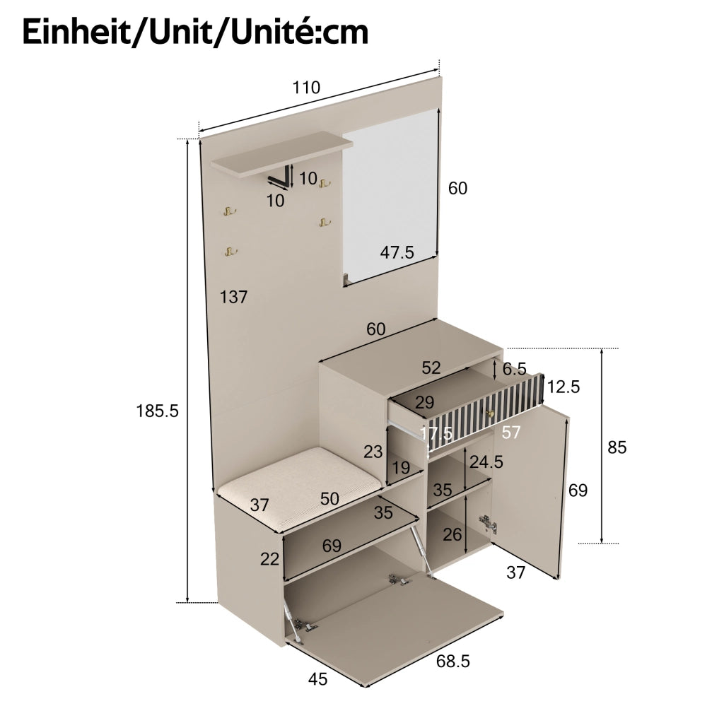 Mobile da ingresso 110x37x185,5 cm in MDF con specchio, seduta e ripiani