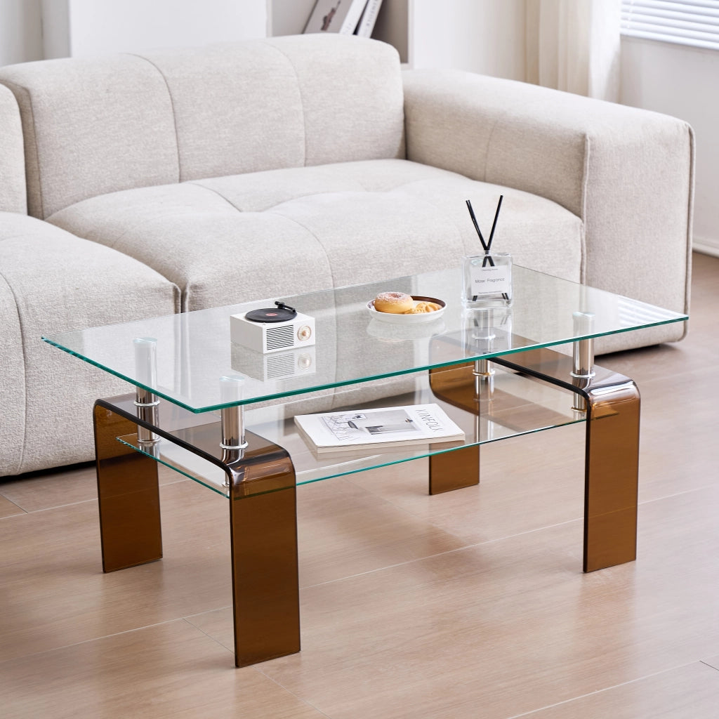 Tavolino basso fisso a due ripiani in vetro temperato con gambe marroni in metallo 100 × 55 × 45 cm