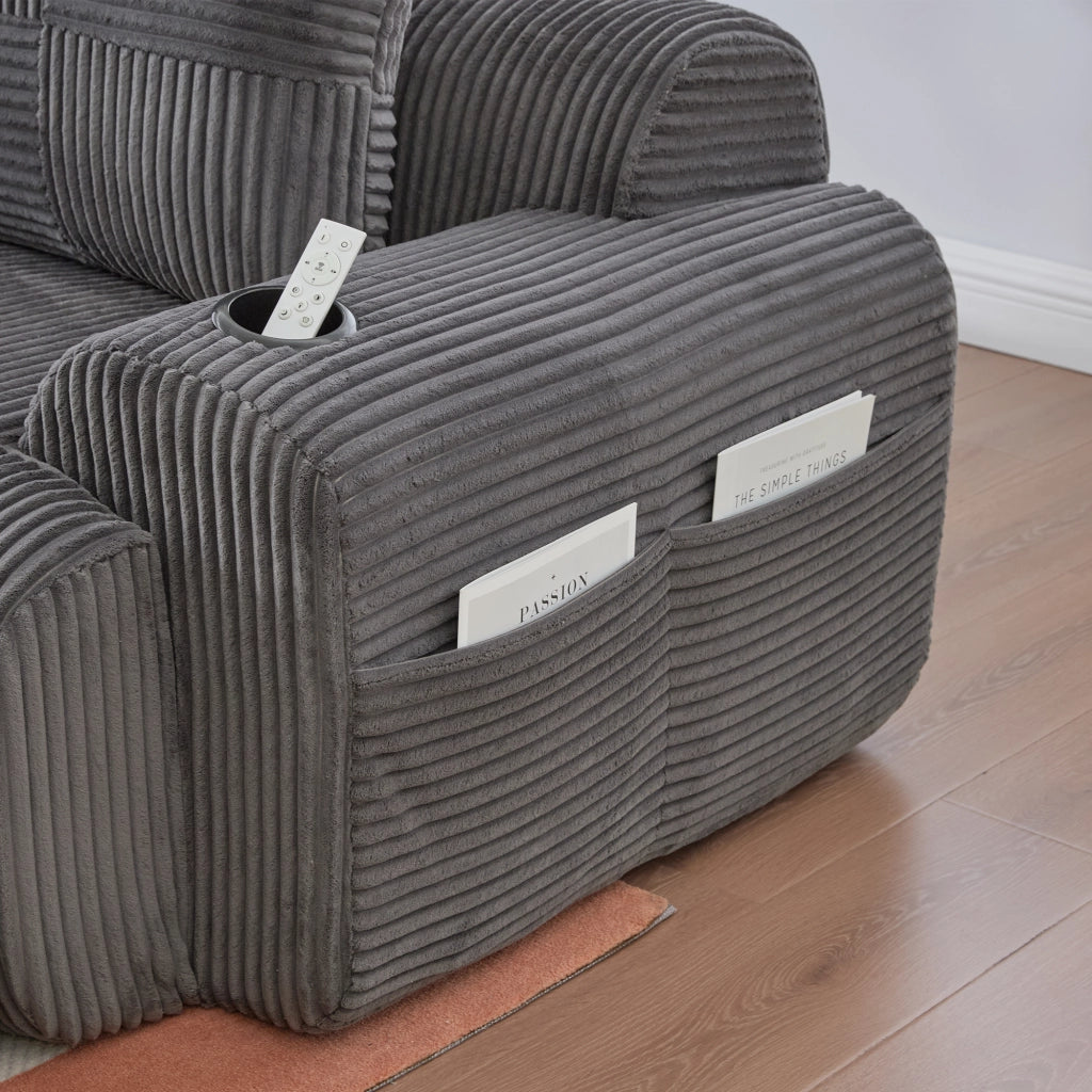 Divano modulare 4 posti con portabicchieri e tasca laterale in corduroy grigio scuro