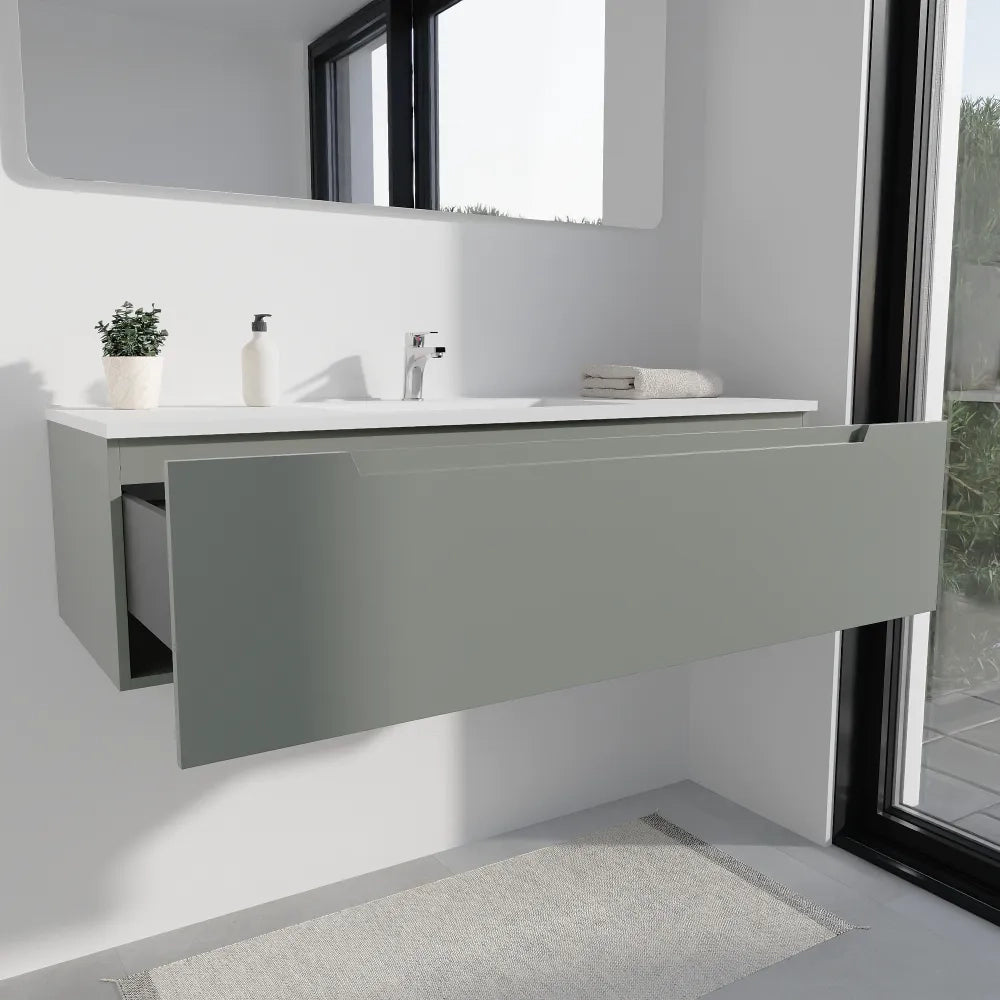 Mobile bagno sospeso 120cm smoke green opaco un cassettone con lavabo bianco opaco| Bako