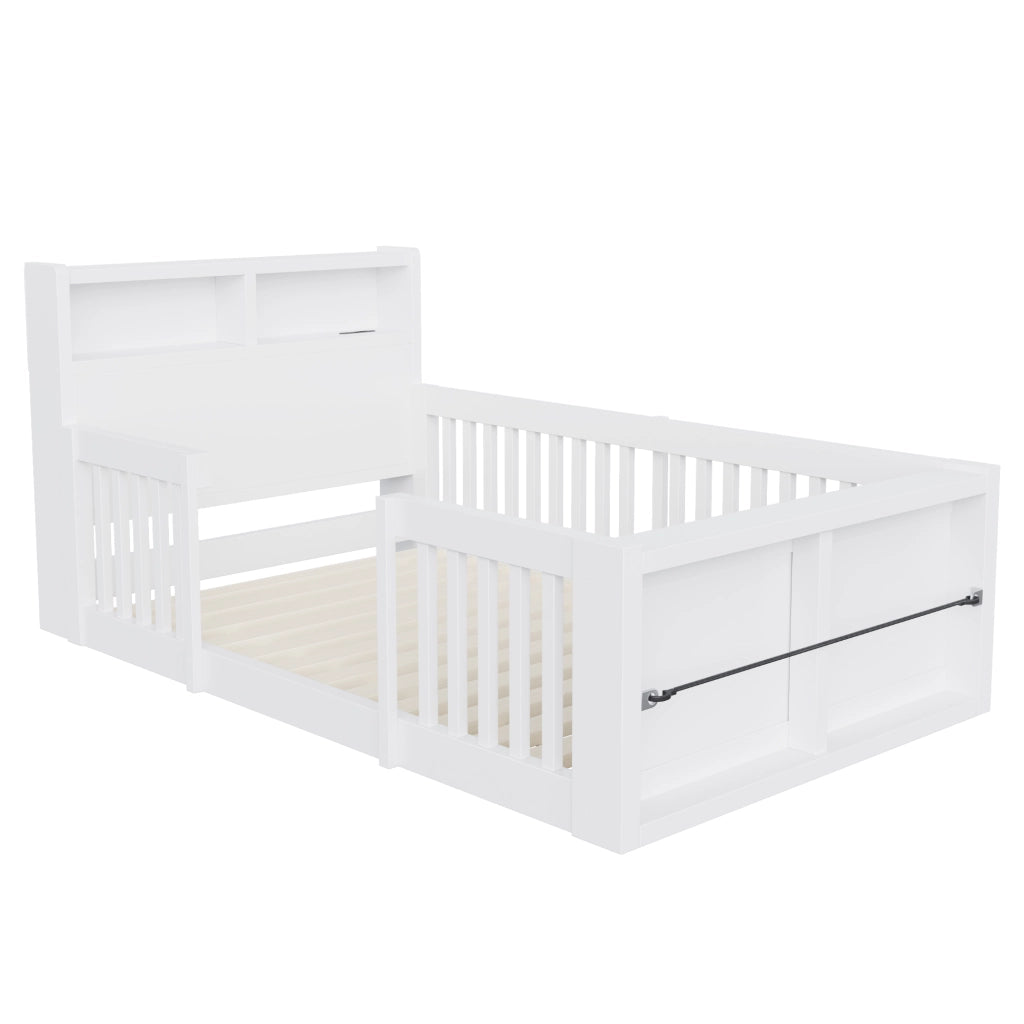 Letto singolo 90 × 190 cm con sponde alte USB luce notturna vano portoggetti ai piedi in legno bianco