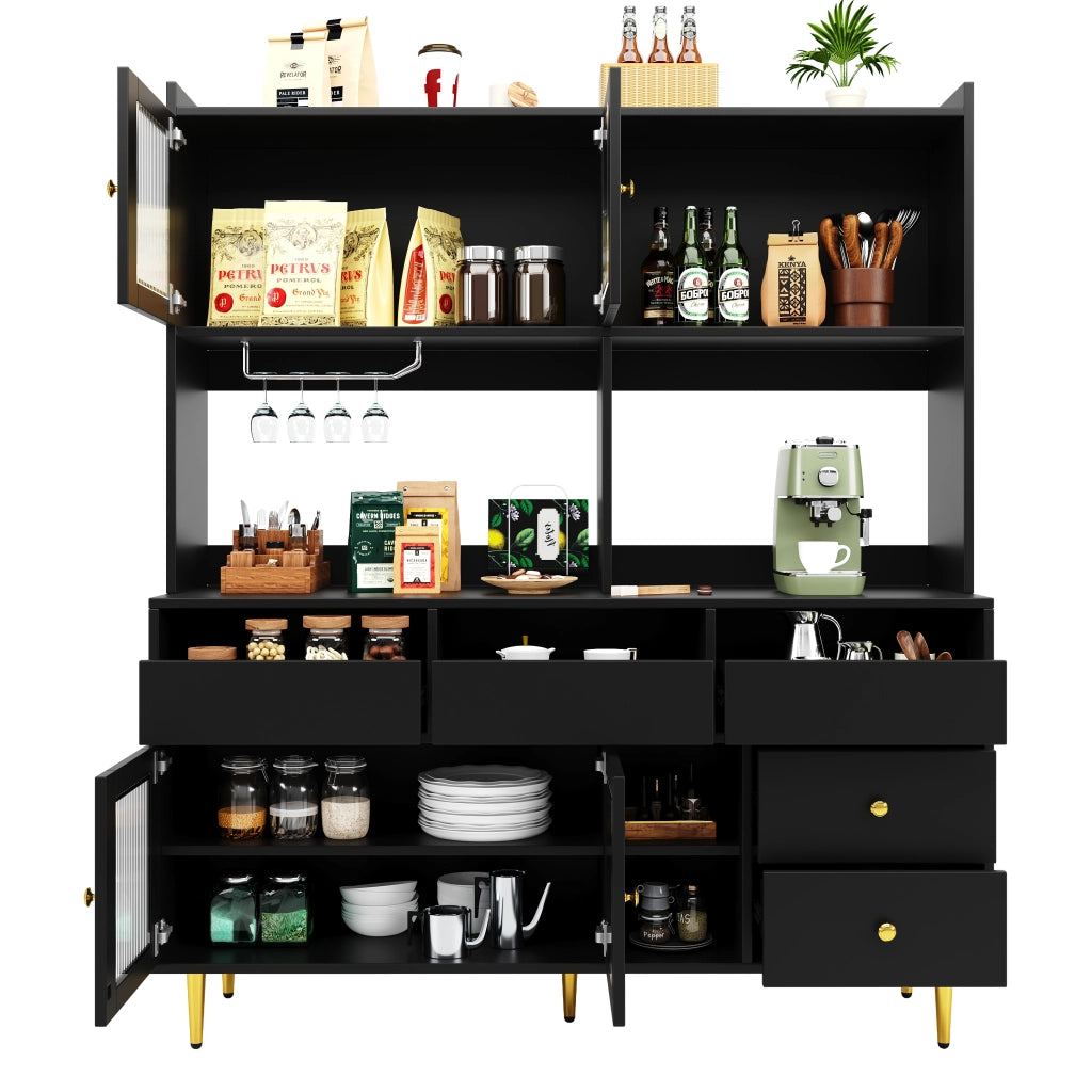 Credenza alta con vetro cannettato e portabottiglie, vani aperti per cucina e sala da pranzo, nera, 145 × 39 × 171 cm
