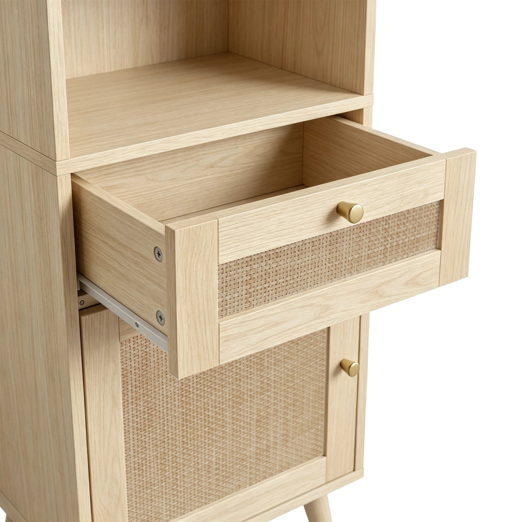 Colonna da bagno autoportante con ante reversibili in rattan; cassetto e ripiani aperti color legno naturale 40 × 30 × 166 cm