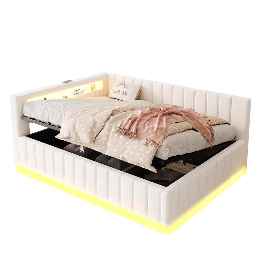Letto imbottito 140x200 con contenitore, LED e ricarica
