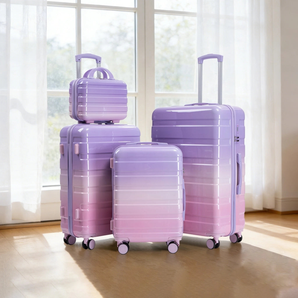 Set di valigie rigide 4 pezzi in PC viola con 3 trolley da 20. 24 e 28 pollici e beauty case da 14 pollici
