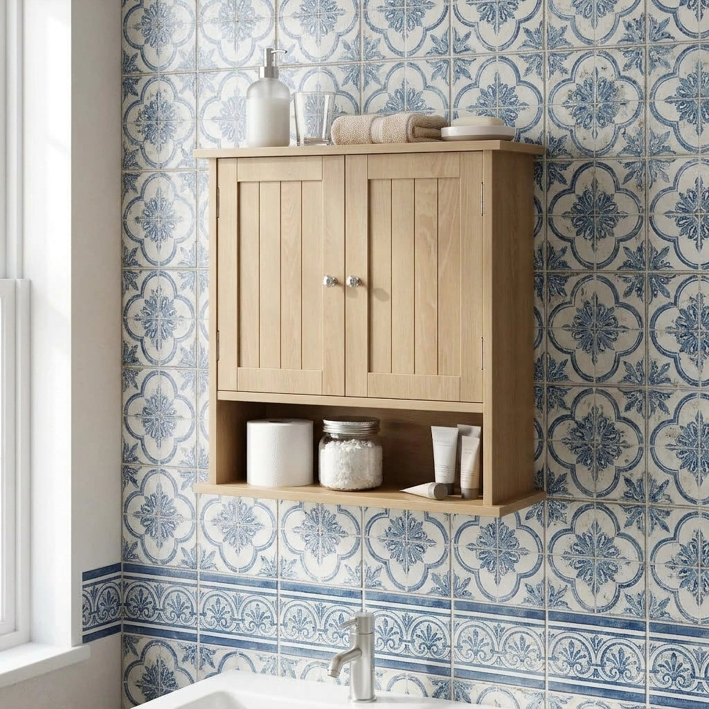 Mobile bagno sospeso ULEVR in MDF effetto rovere con 2 ante e vano a giorno, marrone