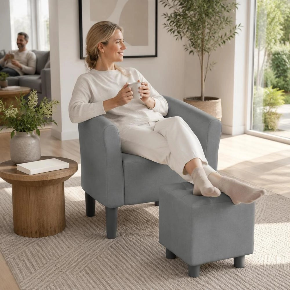 Club Chair With Footstool, Light Grey Fabric