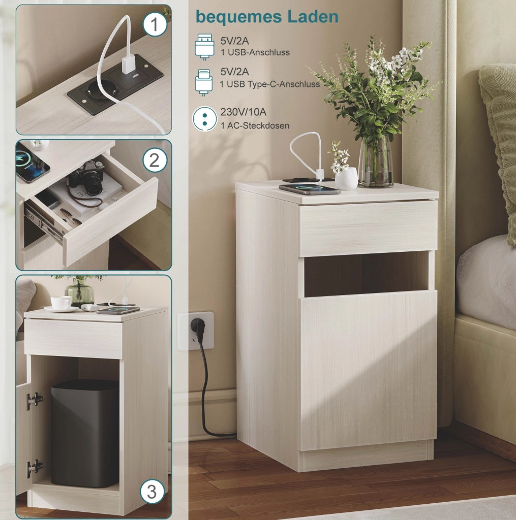 Comodino bianco MDF con USB, USB-C e presa, 33x40x61,5 cm