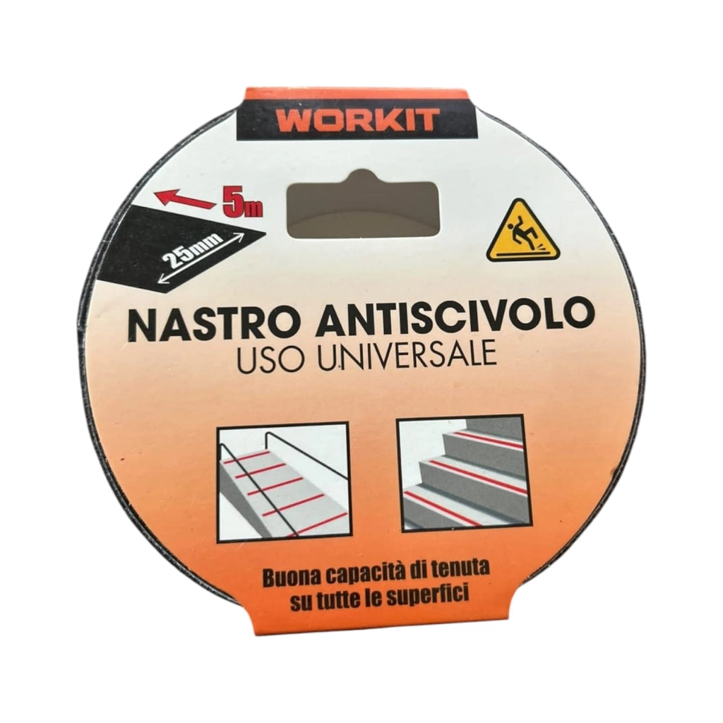 Nastro Antiscivolo WORKIT 25 mm x 5 m – Adesivo Antiscivolo Universale per Scale, Gradini, Rampe e Pavimenti