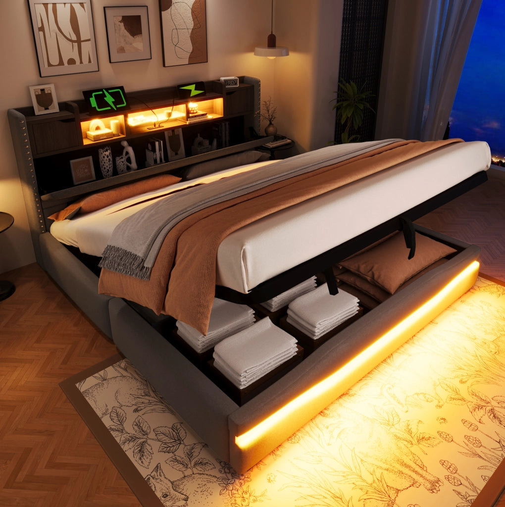 Letto matrimoniale contenitore 180x200 cm in lino grigio con LED e ricarica USB-C HOMVRA