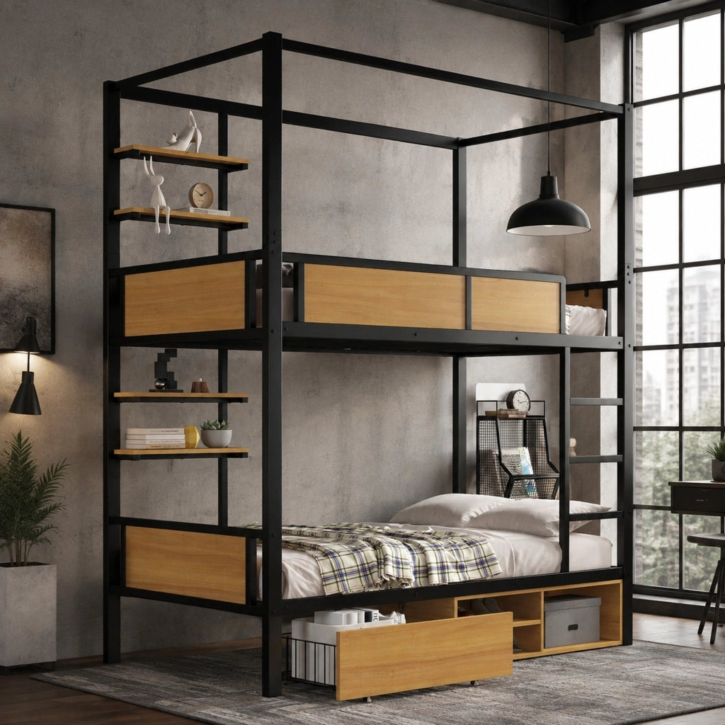 Letto a castello 90x200 cm con cassetti e ripiani laterali in metallo e MDF nero naturale