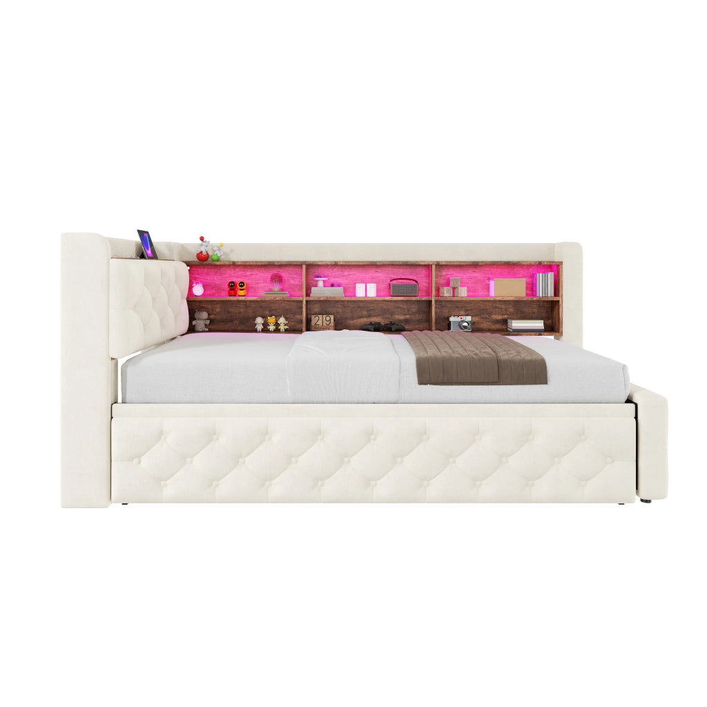 Divano letto estraibile 90 × 190 cm con bracciolo contenitore; LED; USB e Type-C; velluto beige; rete a doghe