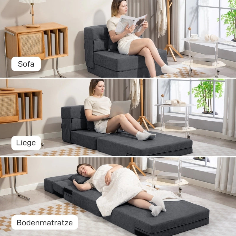 Poltrona letto pieghevole 3 in 1 in tessuto effetto flanella grigio scuro con cuscino 80 × 80 × 64 cm