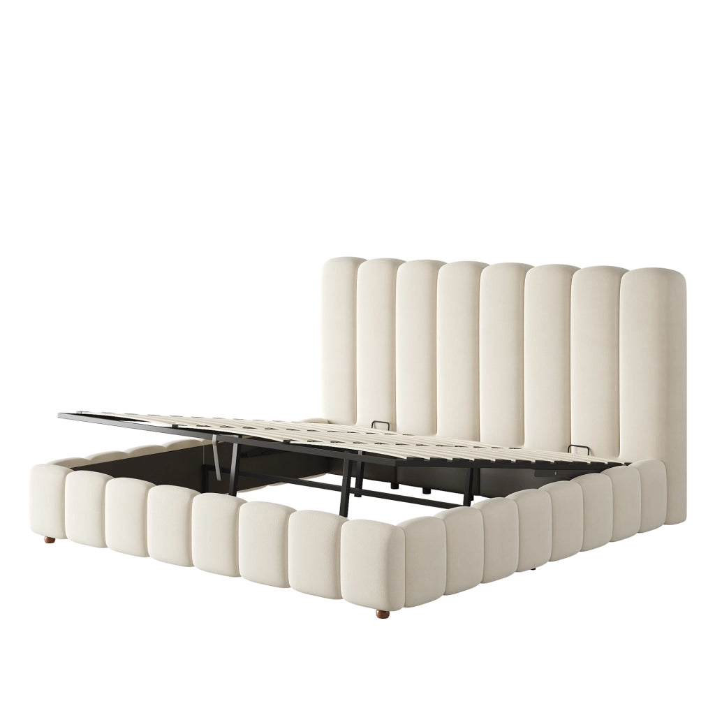 Letto matrimoniale imbottito ULEVR 180x200 cm con contenitore idraulico e rete a doghe, velluto beige