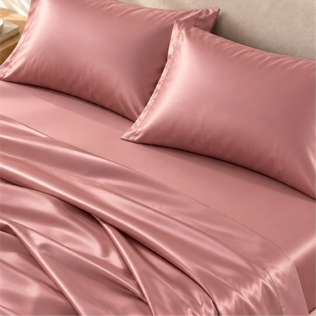Completo Letto Lenzuola Matrimoniale In Raso Cotone Set Biancheria Letto Tinta Unita Prodotto Certificato OekoTex Due Piazze,Tinta Unita Lenzuolo sopra, sotto e Federe Rosa