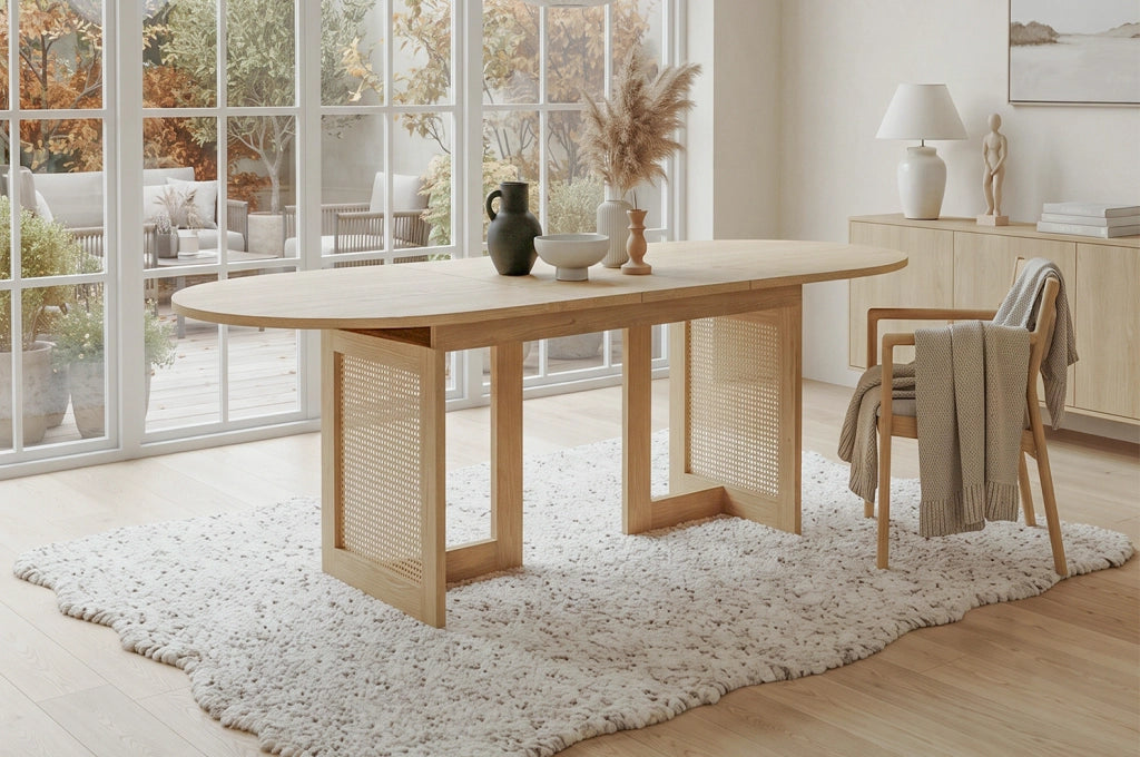 Tavolo da pranzo allungabile 120/160x80 cm con gambe in rattan color quercia, per 6-8 persone, con angoli arrotondati e piano spesso in MDF
