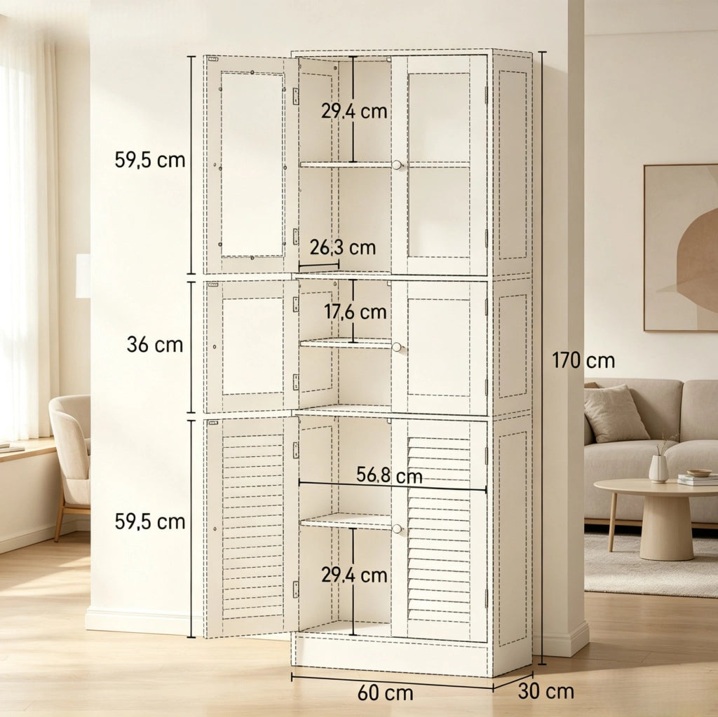 Mobile bagno alto a 6 ante in MDF e vetro bianco 60 x 30 x 170 cm