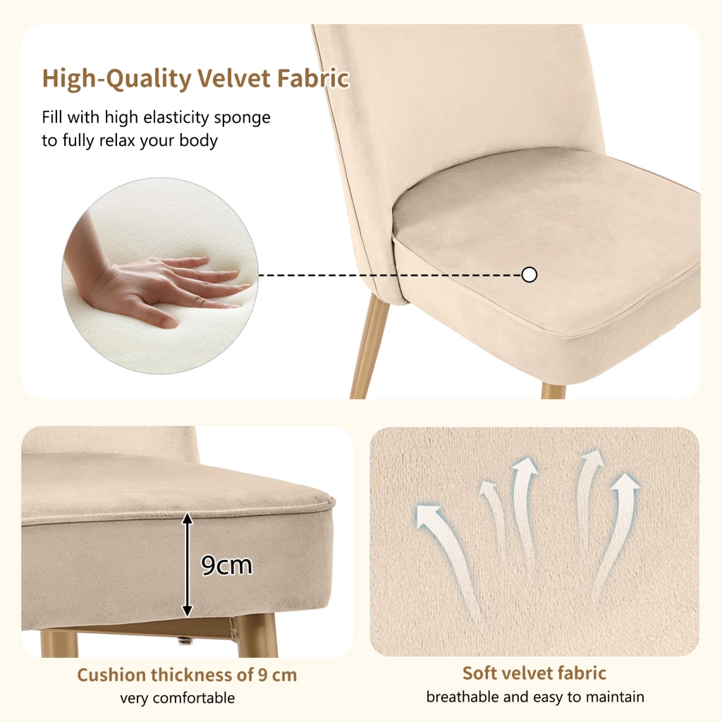 Set di 4 sedie da pranzo in velluto beige con seduta imbottita e piedi in metallo dorato per sala da pranzo