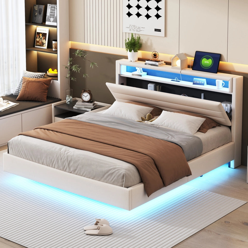 Letto imbottito 160x200 cm in lino beige con USB, luci LED e testiera reversibile