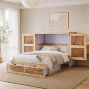 Letto a scomparsa 140 × 200 cm verticale con rete a doghe e cassetti in legno color legno design rattan