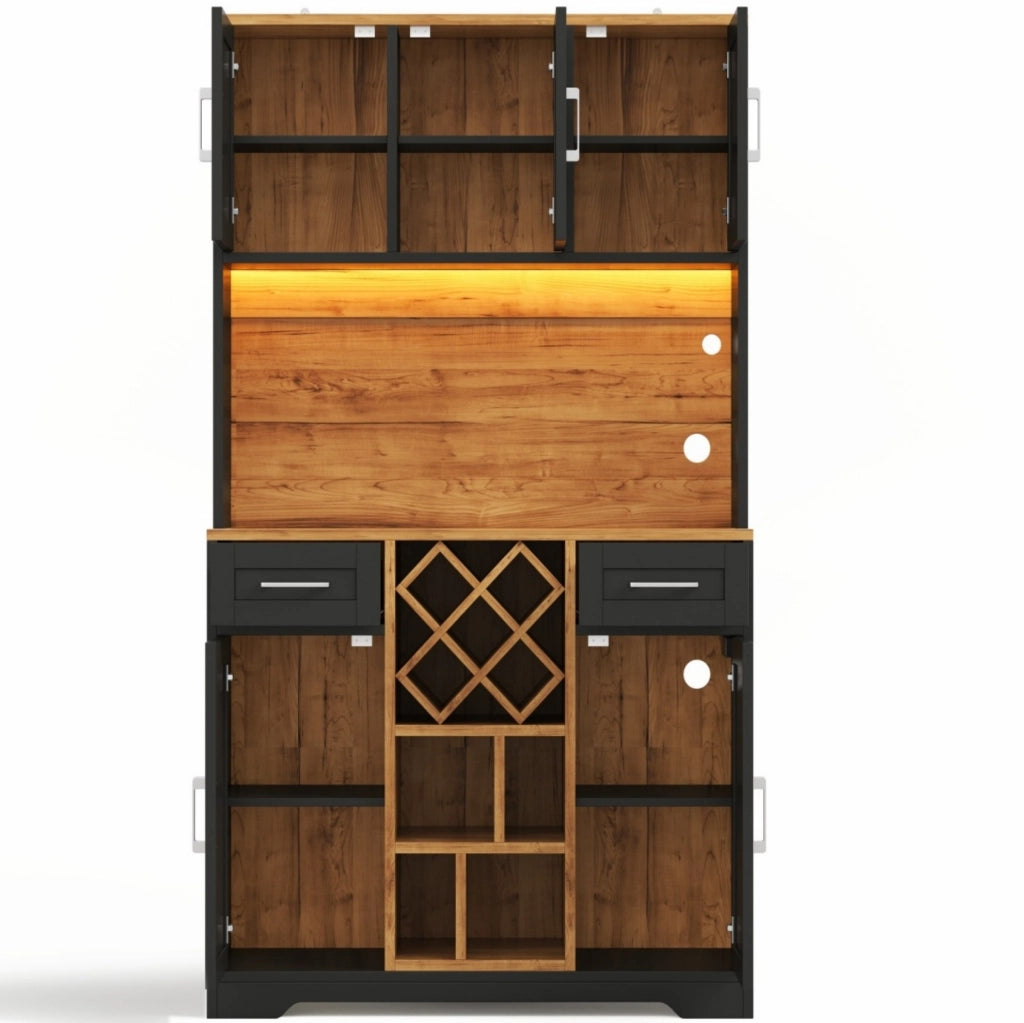 Mobile cucina alto ULEVR 105x40x180 cm con LED RGB, portabottiglie estraibile, 2 cassetti e prese USB, naturale e nero