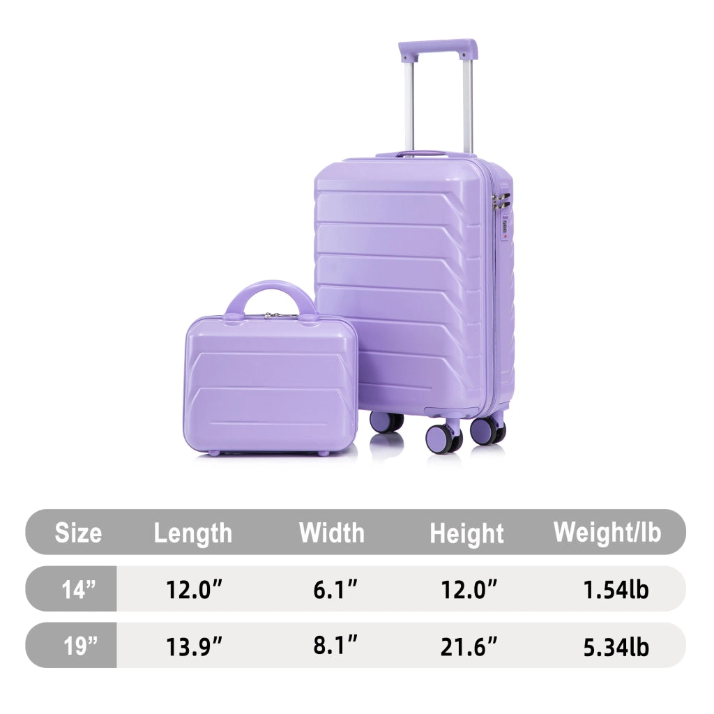 Set di valigie da viaggio 19 e 14 pollici in ABS blu e viola con trolley rigido e quattro ruote doppie girevoli