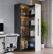 Vetrina 70x40x160 cm con LED e vano estraibile laterale in MDF nero e bianco
