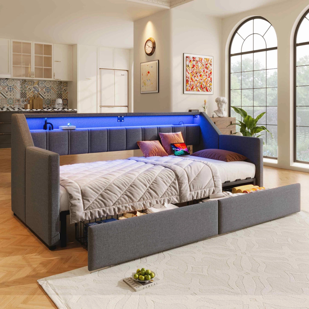 Letto estraibile 90x200 cm con USB, USB-C, LED, 2 cassetti e tasche in lino grigio