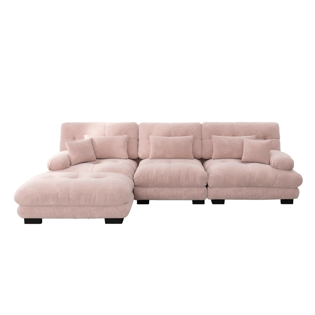 Divano modulare in chenille rosa con ottomani mobili configurabile ad angolo; lineare o a U con seduta profonda