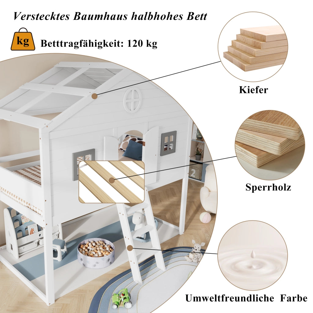 Letto a soppalco per bambini 90 × 200 cm con scala e protezione anticaduta in legno e MDF bianco e grigio