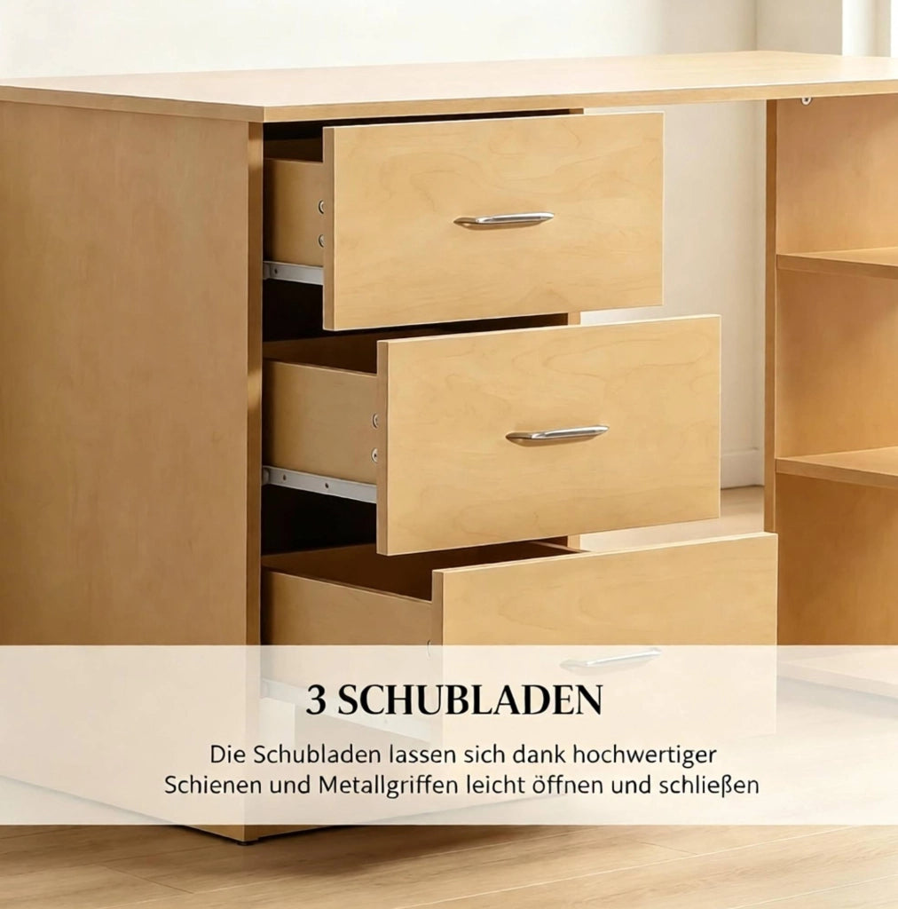 Scrivania per computer in MDF effetto legno chiaro con 3 cassetti e 3 ripiani aperti, 120x49x72 cm