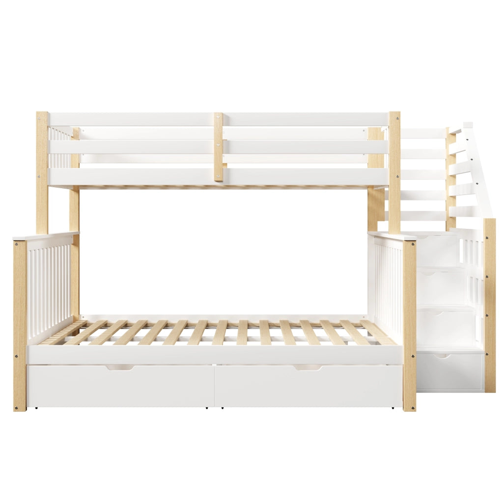 Letto a castello per bambini 90x200 e 140x200 cm con cassetti; pino; bianco e naturale