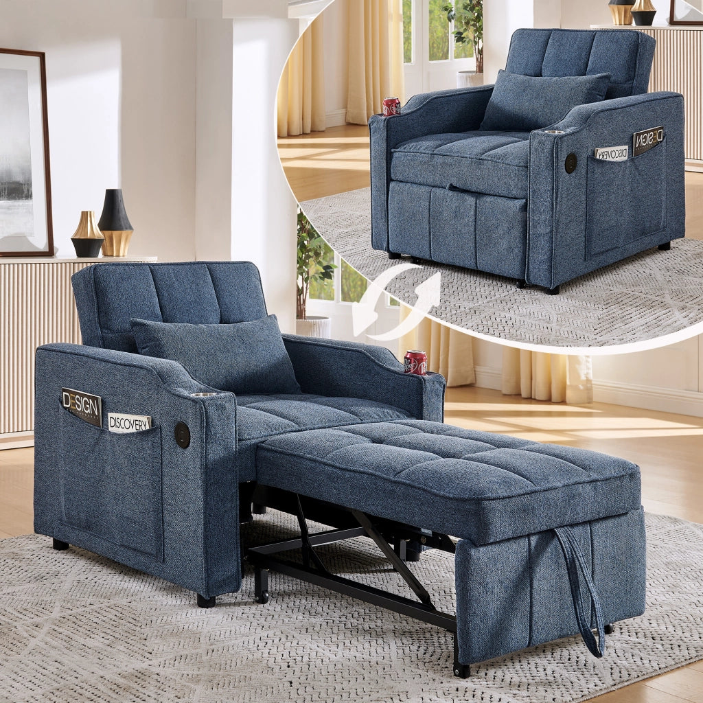 Poltrona letto 3 in 1 con USB e USB-C; schienale regolabile e tasche; blu navy