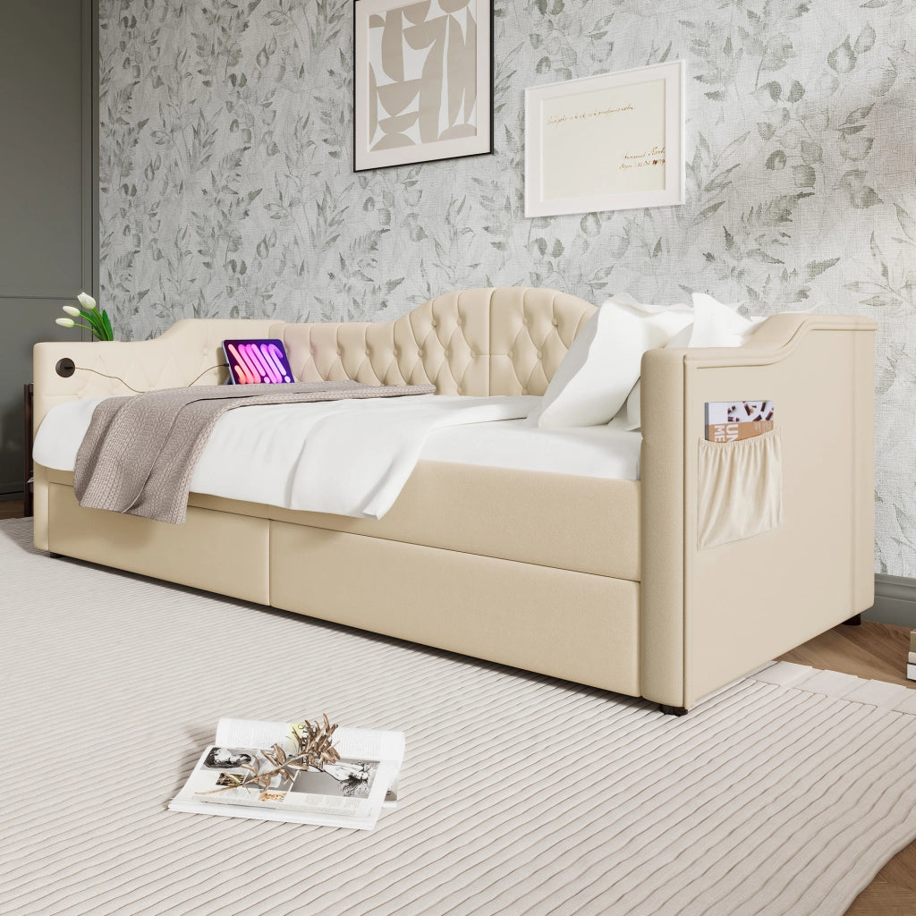 Letto singolo con due cassetti 90 × 200 cm con porte USB e Type-C rivestito in velluto beige senza materasso