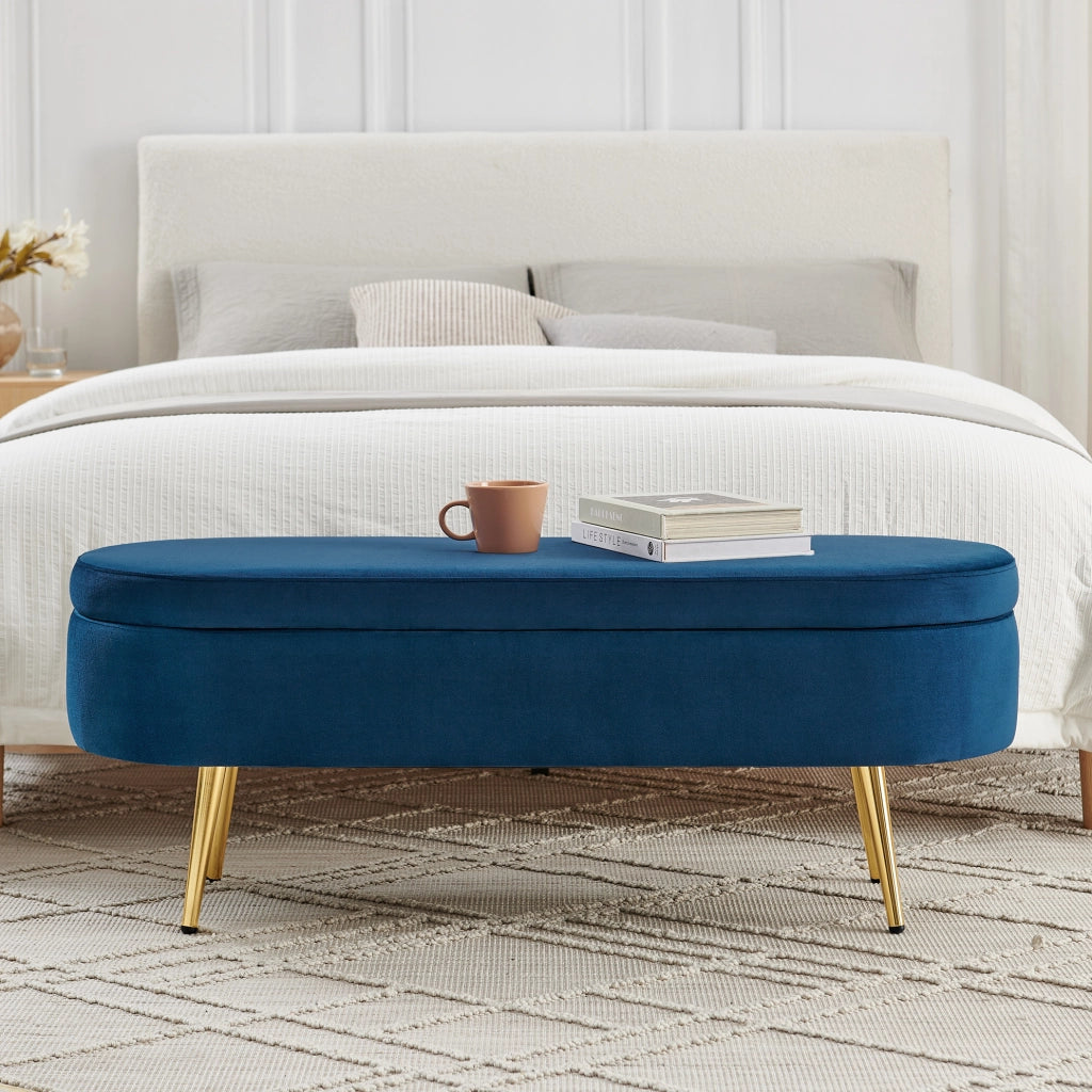 Panca contenitore in velluto blu con struttura in legno massello e gambe in metallo, 110x40x42 cm, 20L di spazio, per soggiorno, camera da letto o ingresso